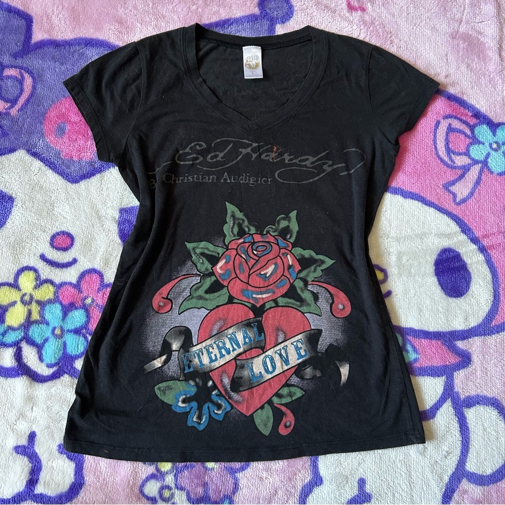 Ed Hardy Black Tee with Red and Blue Graphic